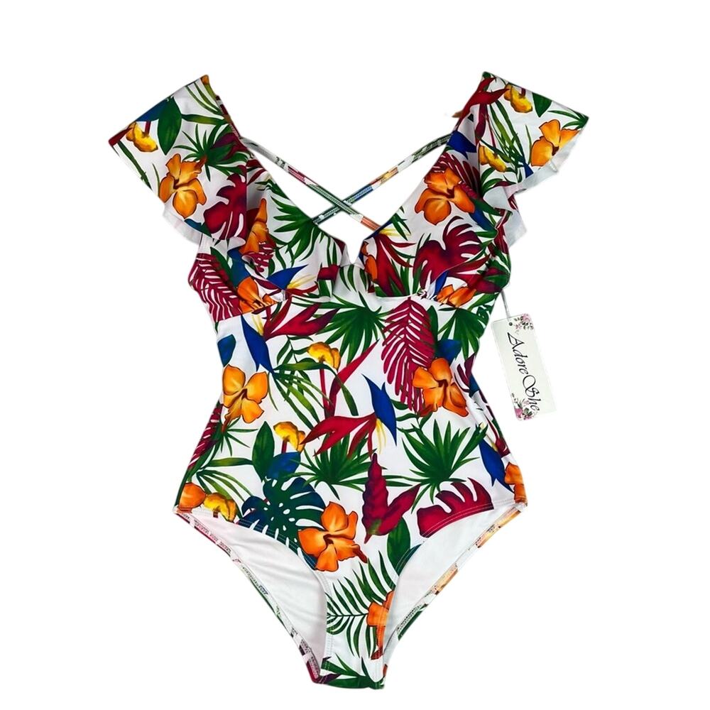 Tropical Floral One Piece Swimsuit Womens Small Flutter Shoulder New With Tags